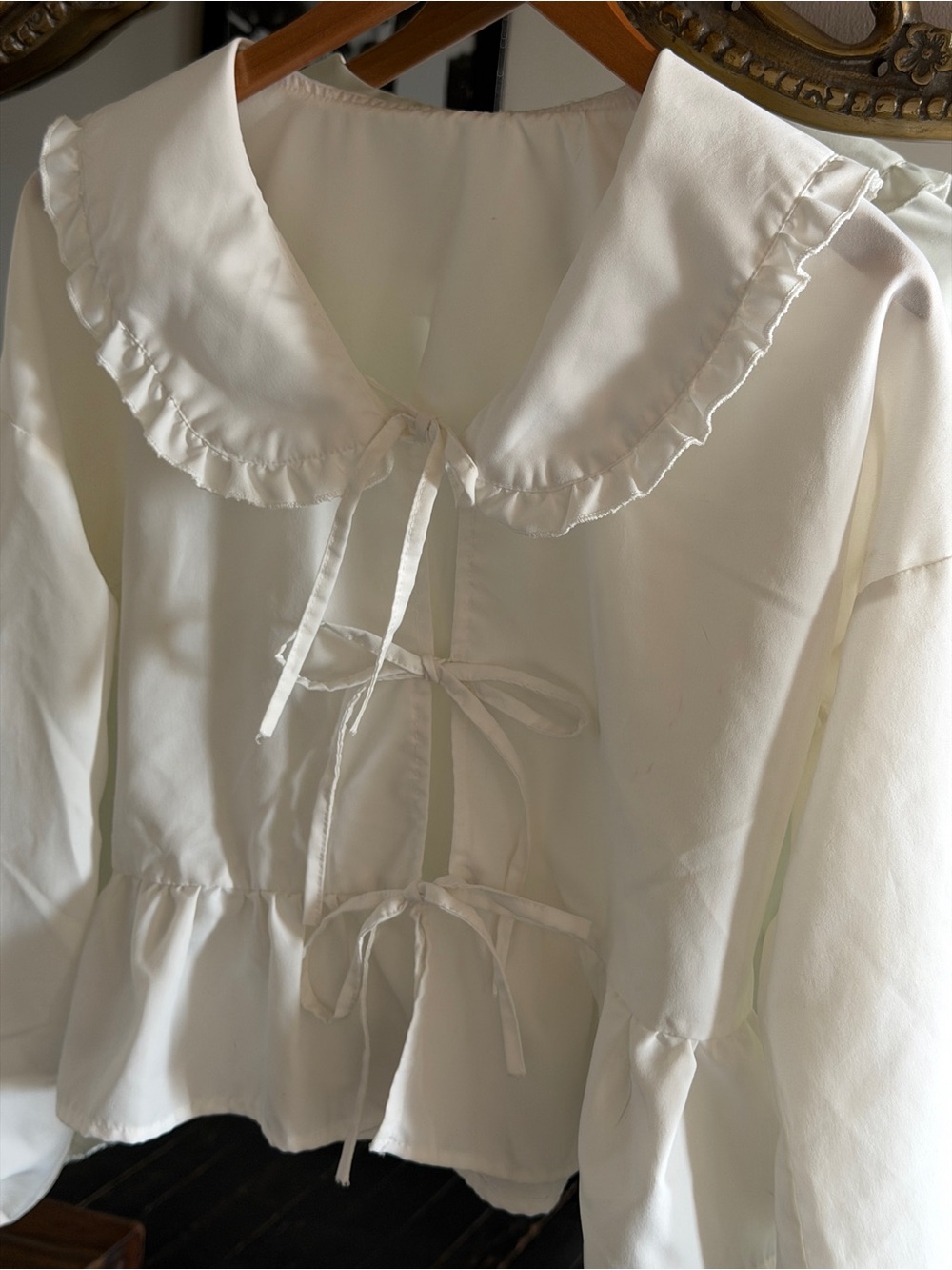 Amazon White Ruffle Collar Tie-Front Blouse - Picture 2 of 3